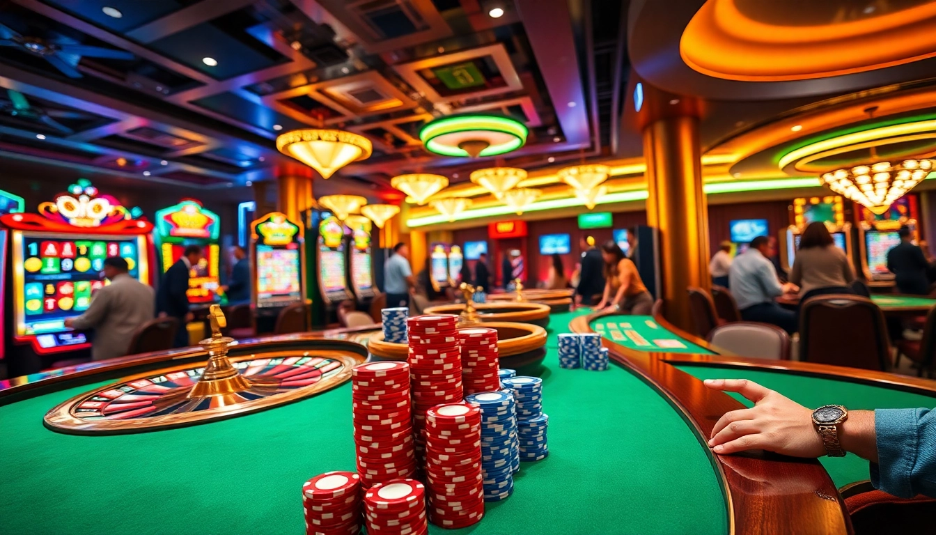 i1dompet showcases an exhilarating casino experience with players at roulette, exciting slot machines, and vibrant poker tables.
