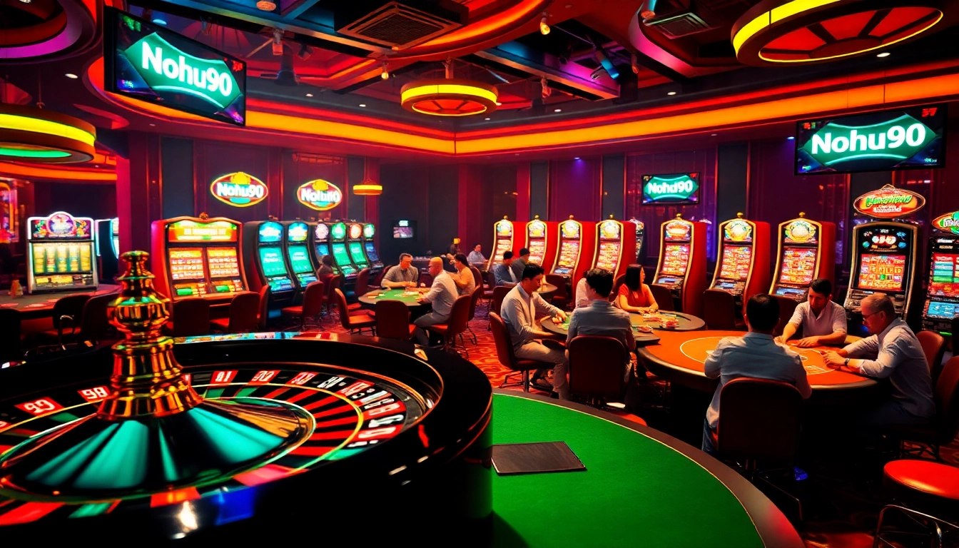 Nohu90's thrilling casino scene featuring a bustling roulette table and intense poker games.