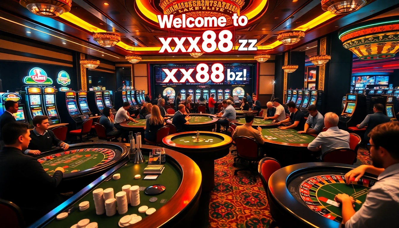 Exciting casino scene with diverse gamblers and vibrant xx88 bz branding at roulette and poker tables, creating an engaging atmosphere.